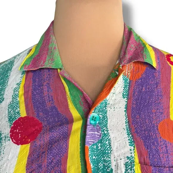 Vintage 90s Jams World Crinkle Shirt Small Multicolor Striped Polka Dot Retro - Picture 2 of 11